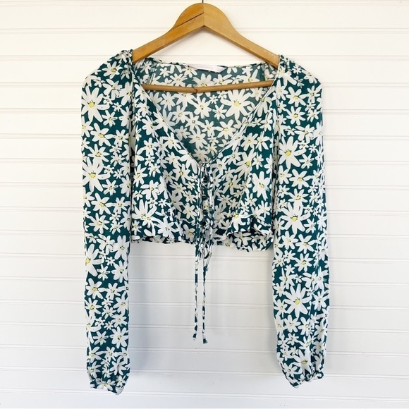 Zara Daisy Print Long Sleeve Crop Top Floral Teal Yellow Size M Button Front - Picture 10 of 11